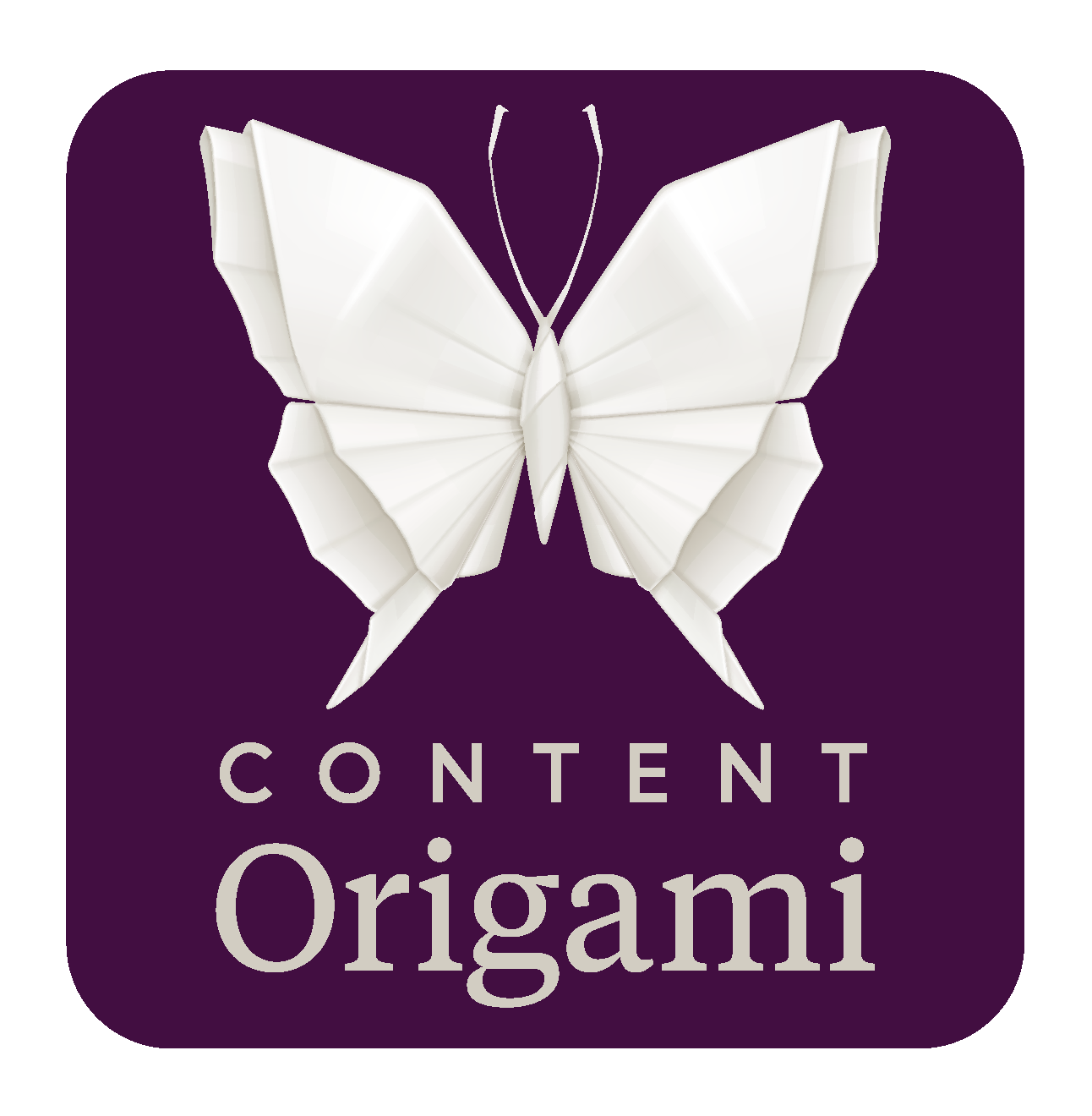 a deep purple logo with a white butterfly and Content Origami written underneath